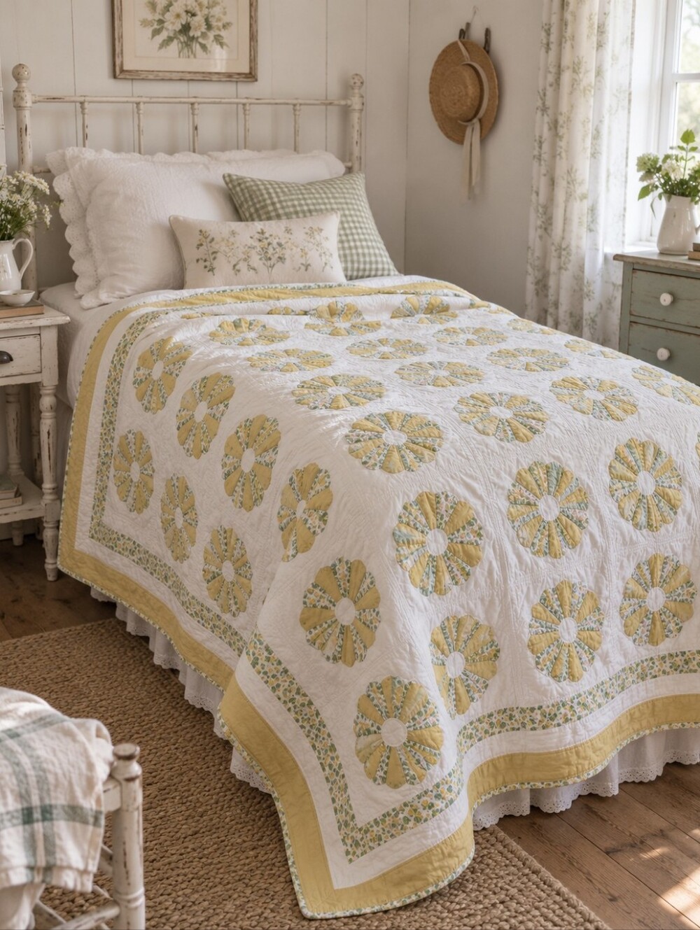Vintage Handmade Floral Quilt 68" x 90" Daisy Boho Shabby Chic Blanket